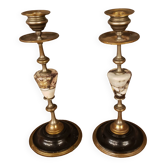 Pair of brass + marble or stone candlesticks