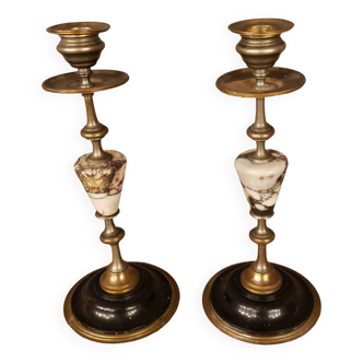 Pair of brass + marble or stone candlesticks