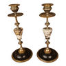 Pair of brass + marble or stone candlesticks