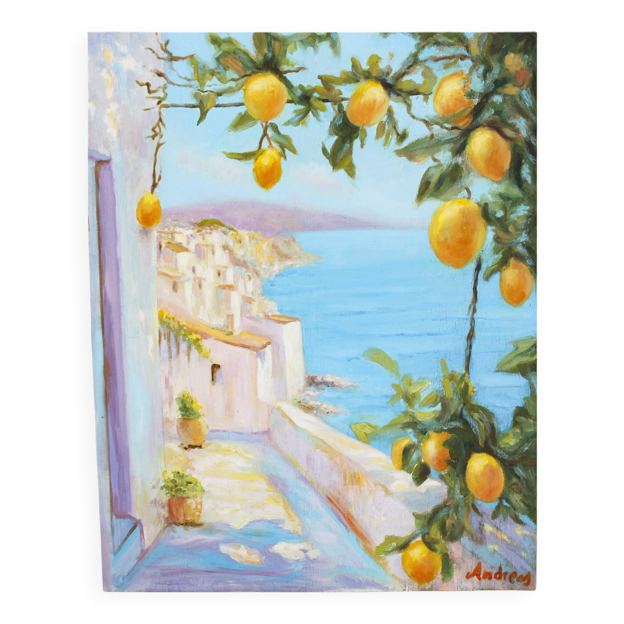 Oil painting of a view of the sea.