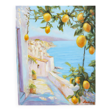 Oil painting of a view of the sea.