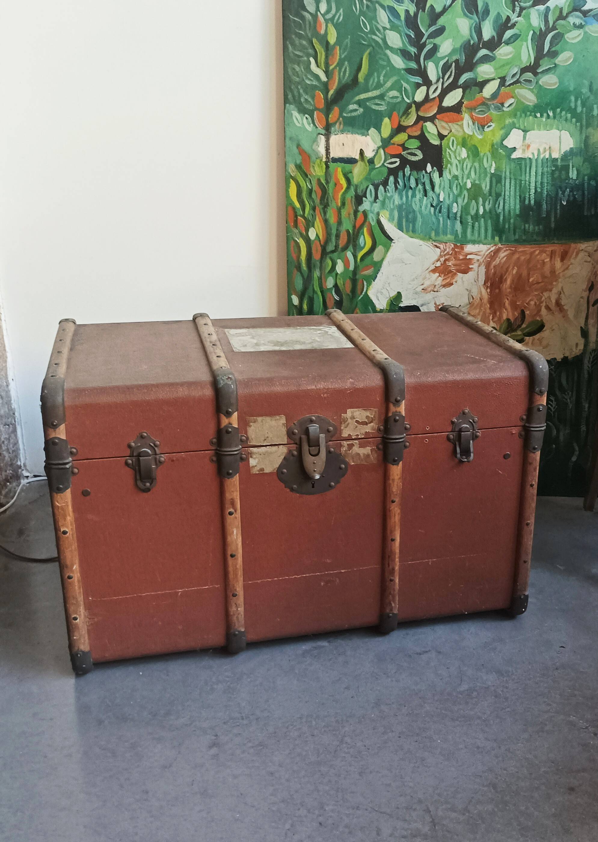 Large antique wooden travel trunk