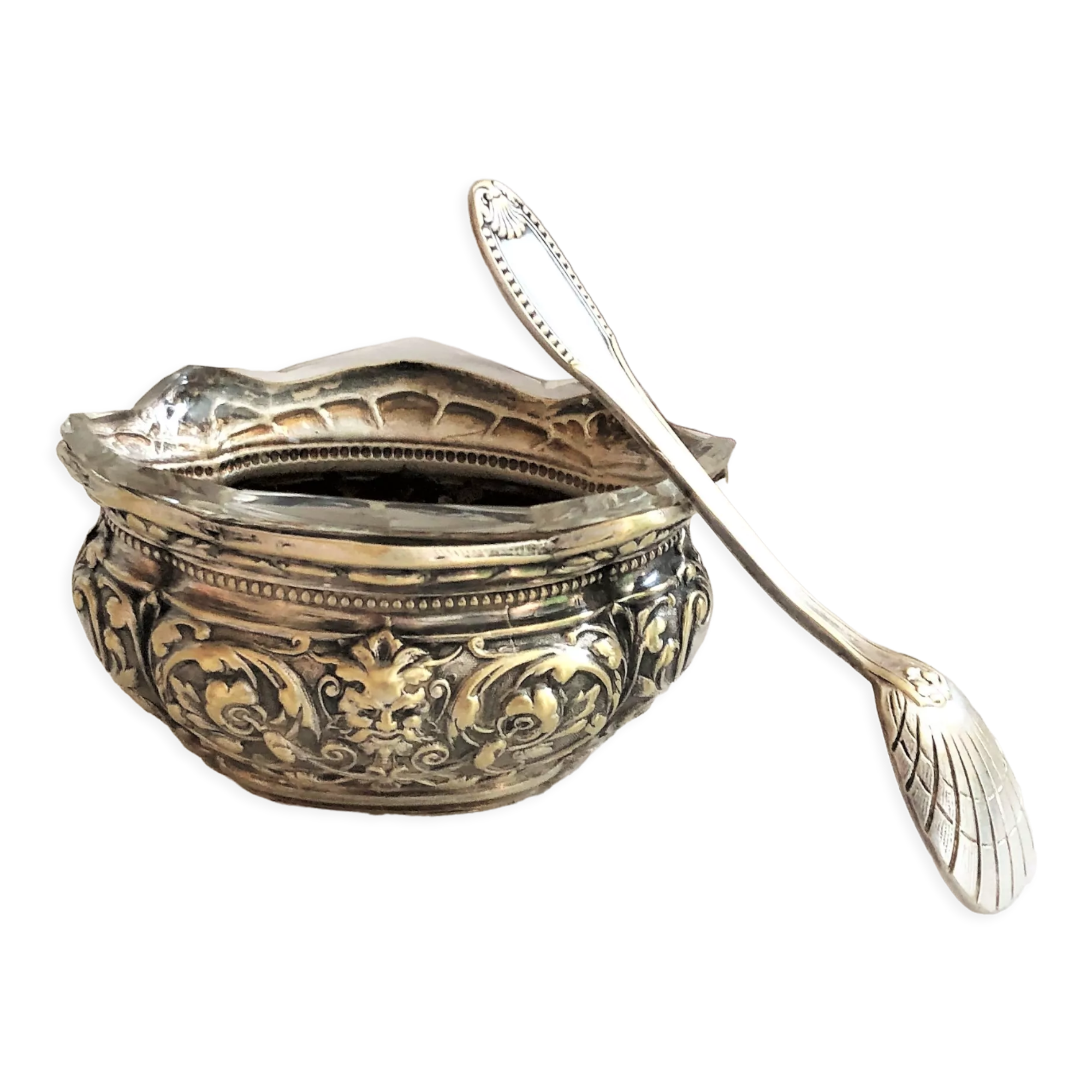 Saleron métal argenté et verre avec pelle à sel