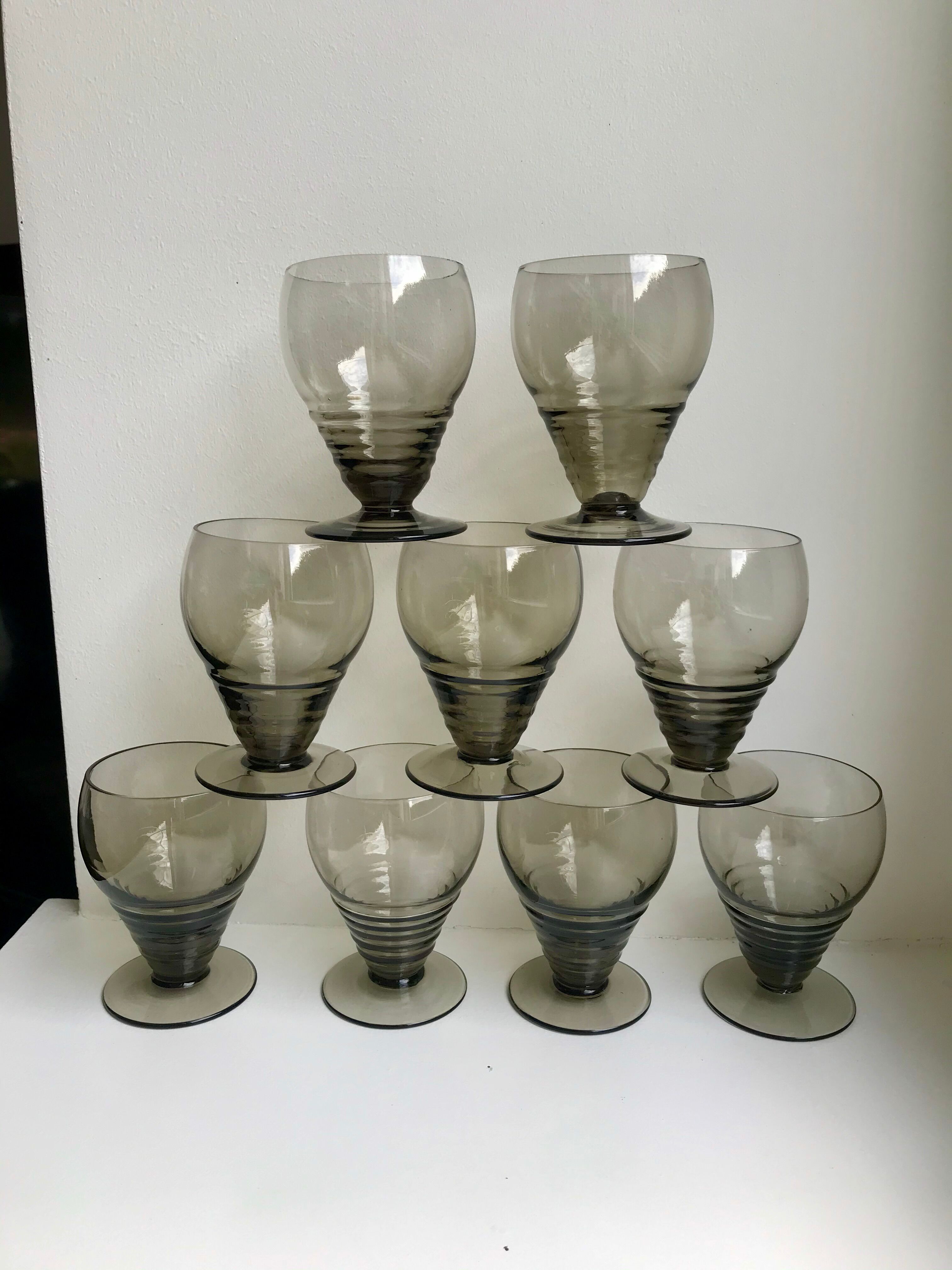 Set of 9 art deco liqueur glasses in smoked glass 30-40s