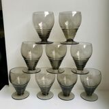 Set of 9 art deco liqueur glasses in smoked glass 30-40s