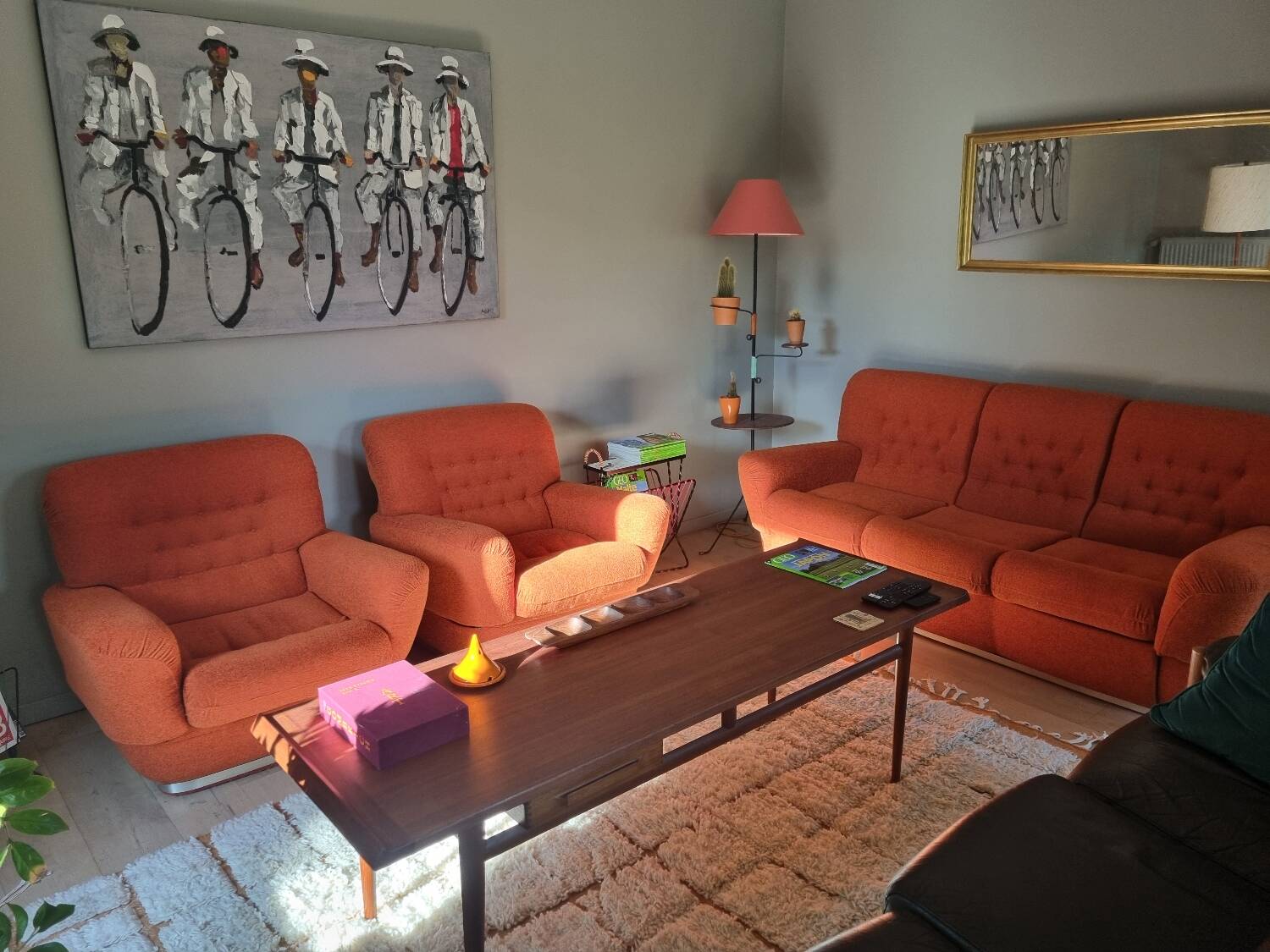 Set of seventies orange sofa and armchairs