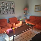 Set of seventies orange sofa and armchairs