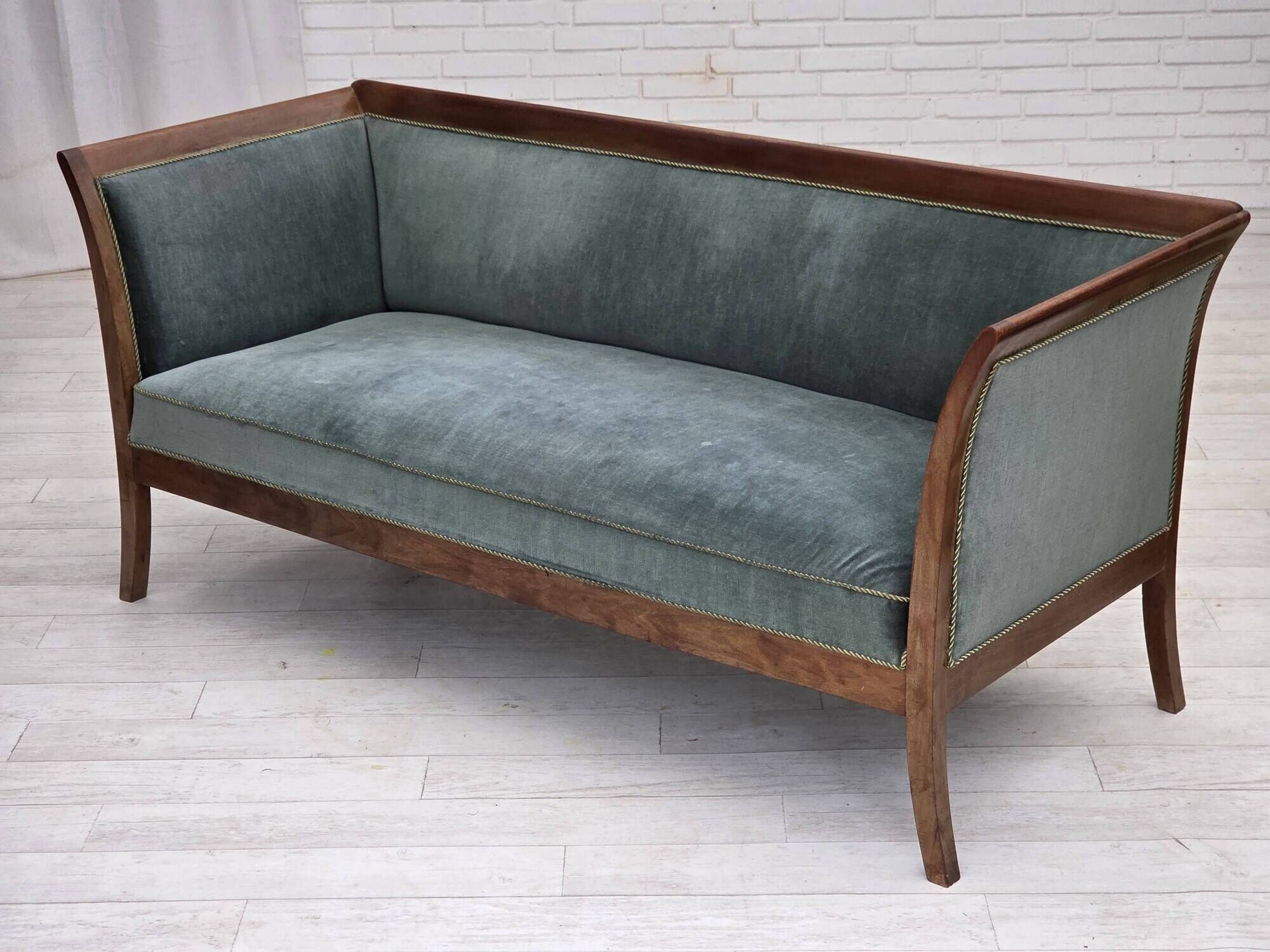 1950s, Danish 3-seater sofa, green/blue furniture velour, ash wood.
