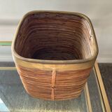Rattan plant pot rimmed with brass from the 60s and 70s