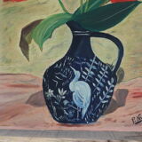 Oil on still life panel, vase with anthuriums