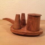 Servant salt pepper and mustard in olive wood, salt shaker