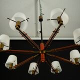 Mid-Century 8 arms Stilnovo chandelier in opaline, brass and red lacquer.