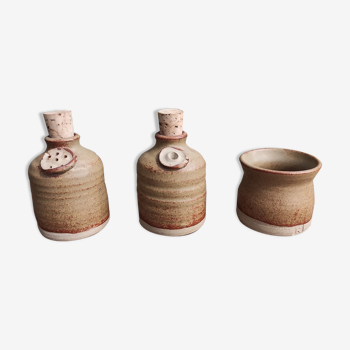 French vintage salt, pepper and mustard set, made in clay