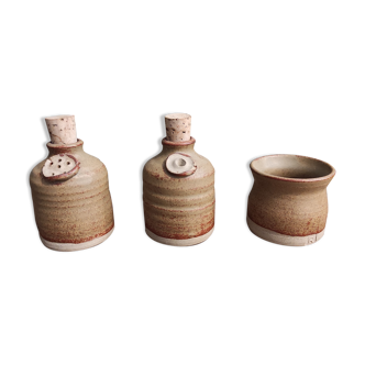 French vintage salt, pepper and mustard set, made in clay