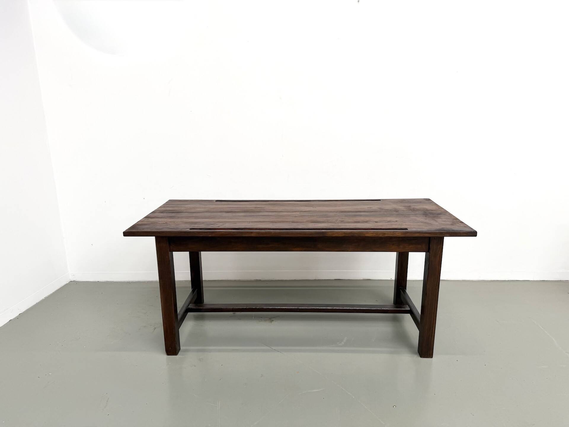Solid pine work table, grooved top, satin brown finish, year