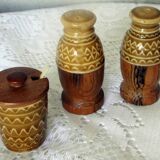 Set condiments sel poivre moutarde céramique et bois