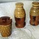 Ceramic and wood salt pepper mustard condiment set
