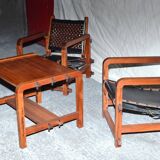 Ensemble de 4 fauteuils et une table basse en Bunbinga et cuir
