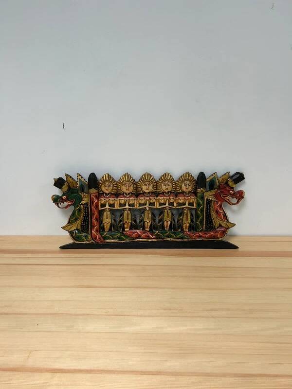 Balinese wall panel carved wood gilded polychrome dragon procession