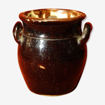 Old grease pot in glazed terracotta dark brown folk art