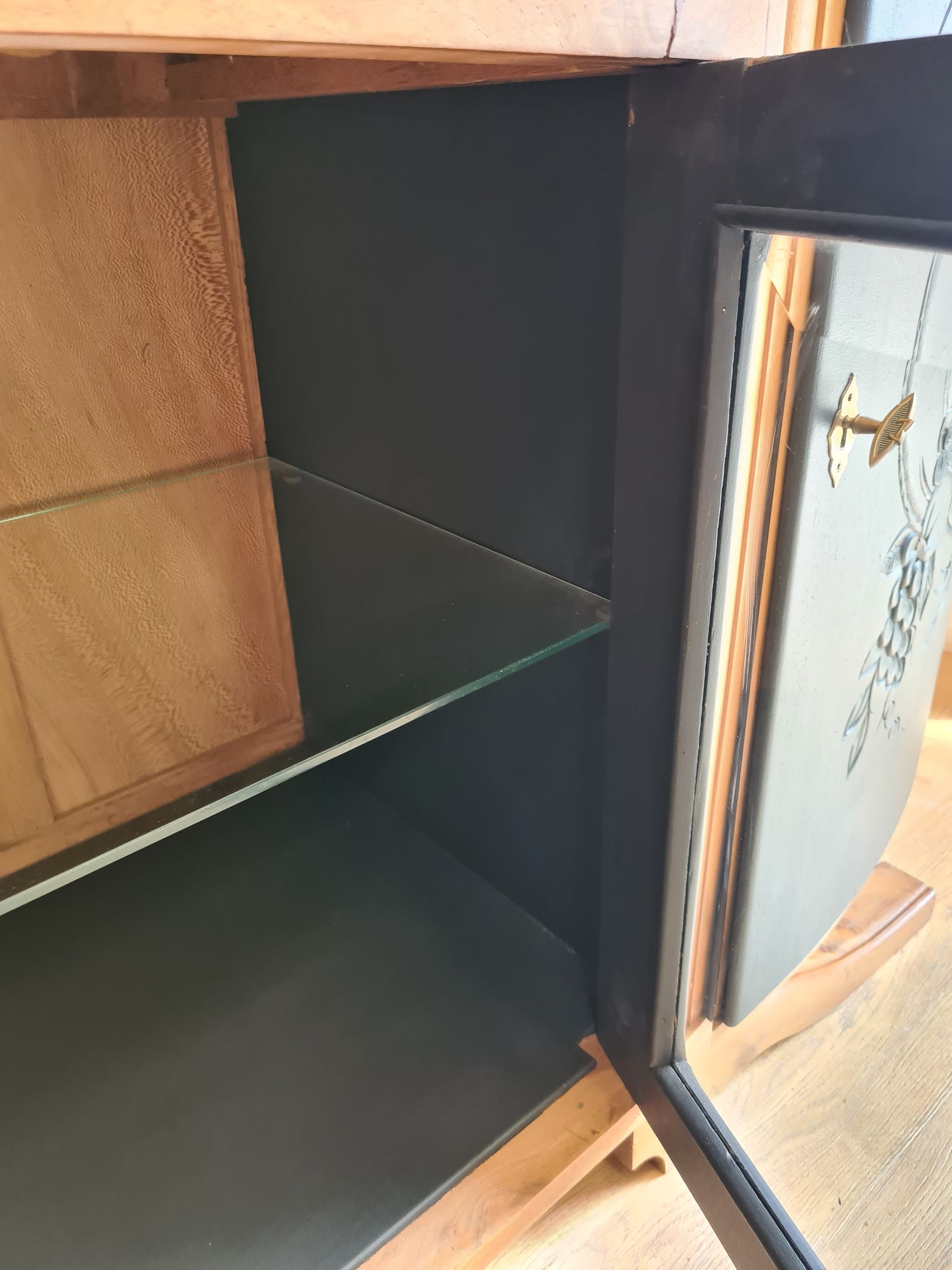 Renovated art deco walnut sideboard with beveled glass door and marble tops