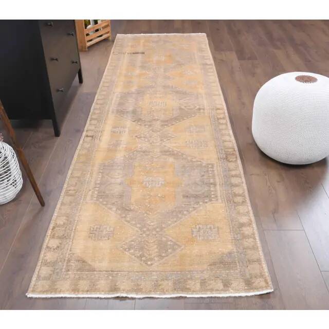 Vintage Turkish Oushak Handmade Wool Cotton Orange Runner Rug 97x327