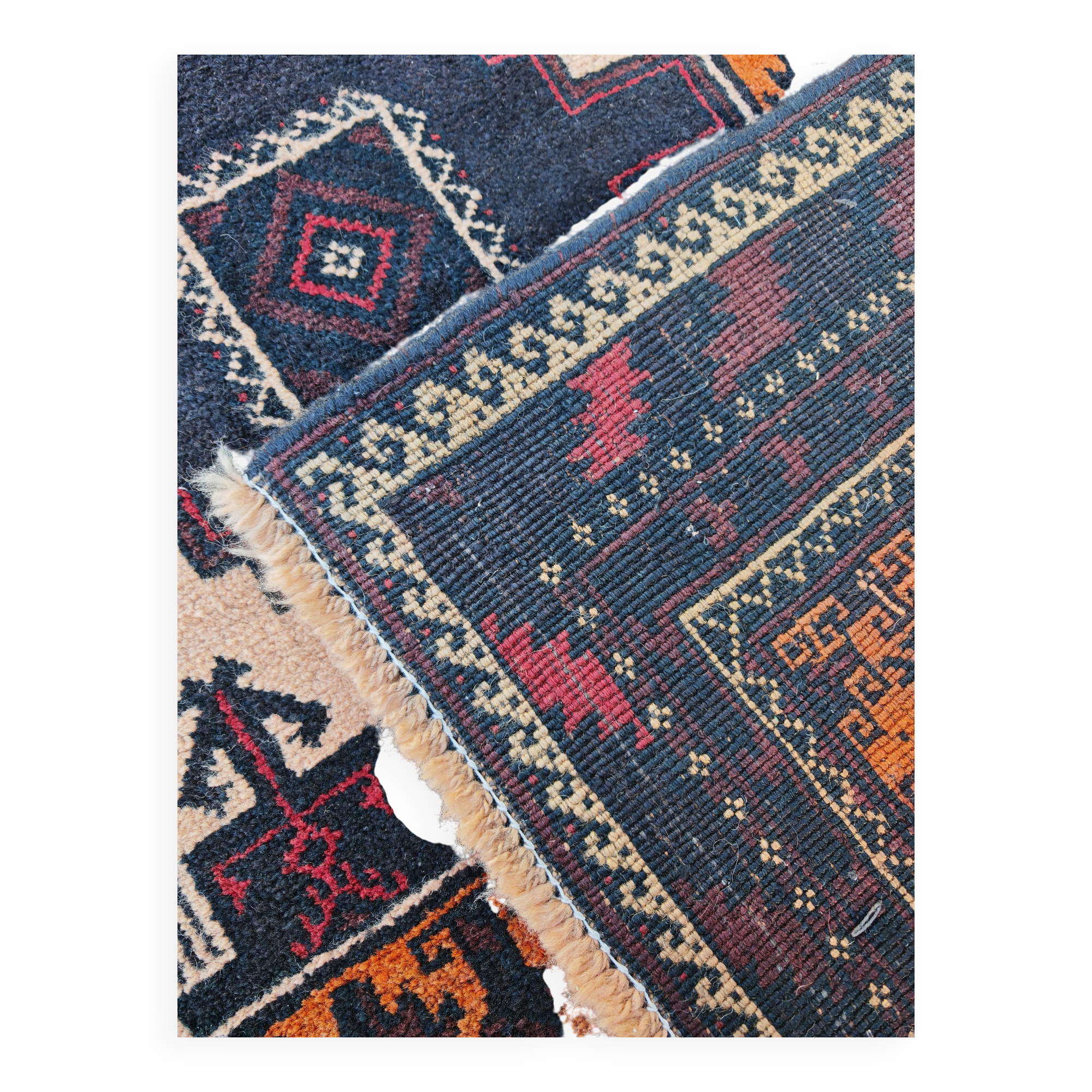Vintage Persian Baluch rug, hand-knotted wool, 1970.