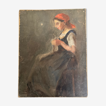 Portrait de la jeune fille à l'ouvrage huile sur toile 19e