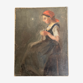 Portrait of the girl at the oil work on canvas 19th