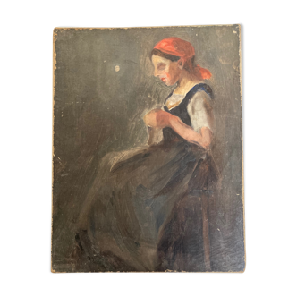 Portrait de la jeune fille à l'ouvrage huile sur toile 19e