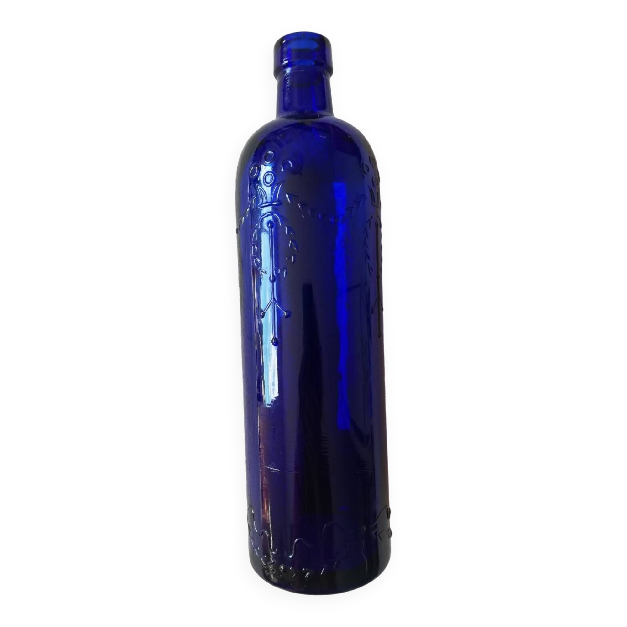 Vintage cobalt blue bottle 80's floral decoration garlands in relief