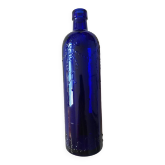 Vintage cobalt blue bottle 80's floral decoration garlands in relief