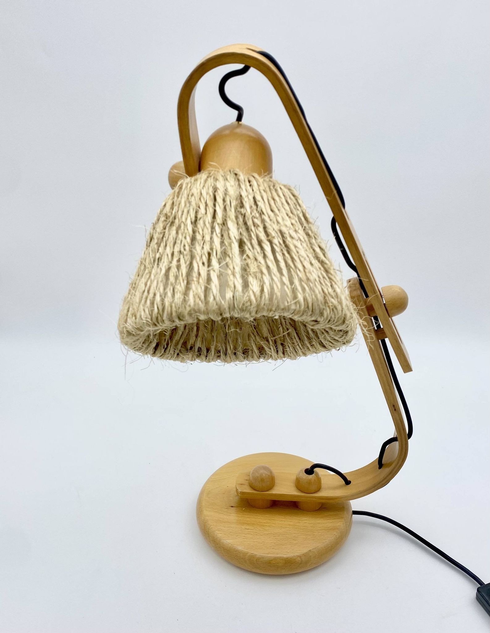 Articulated lamp in wood and rope, 1970s