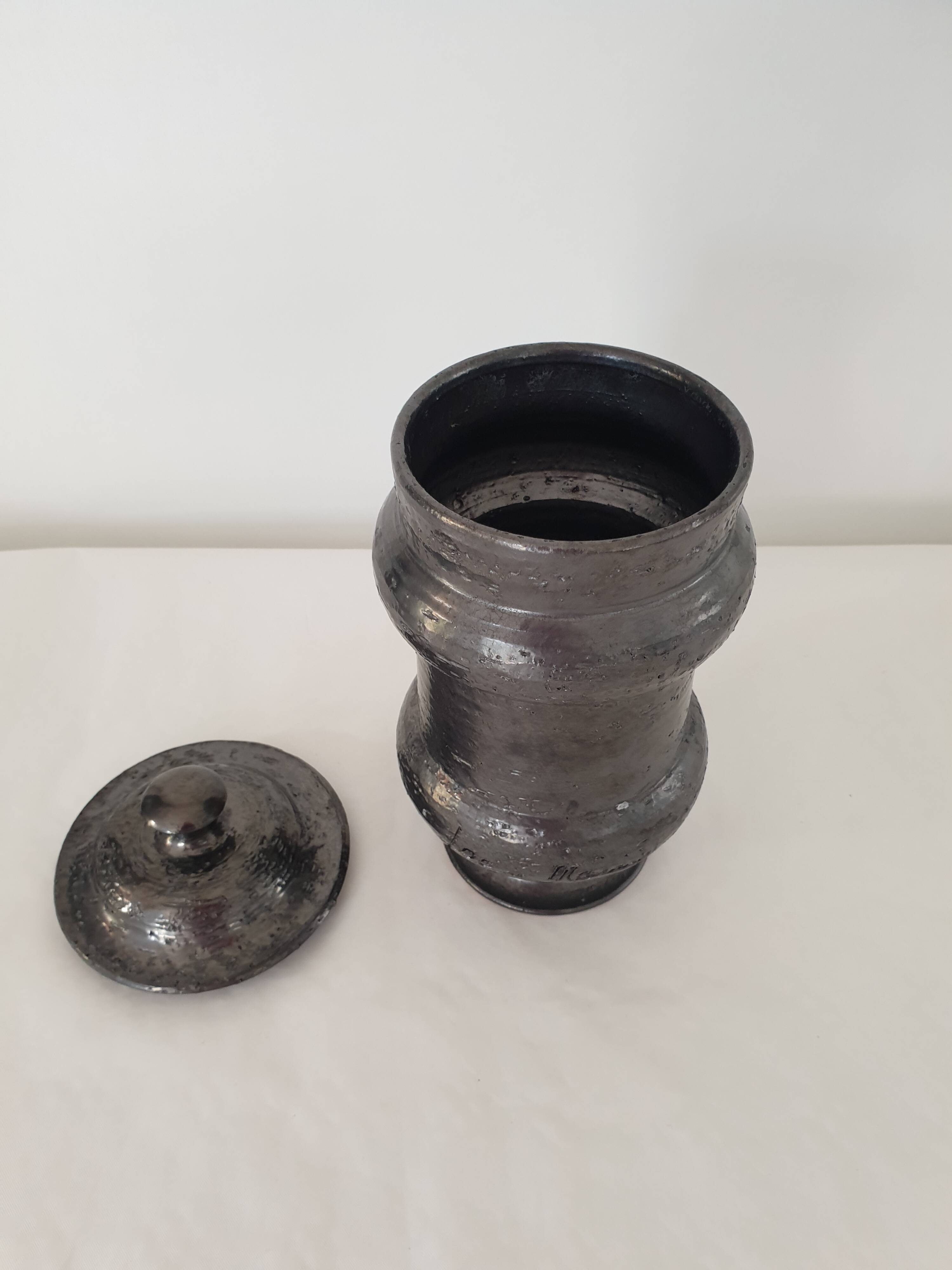 Covered pot on shower foot in black glazed chamotte terracotta Jean Marais