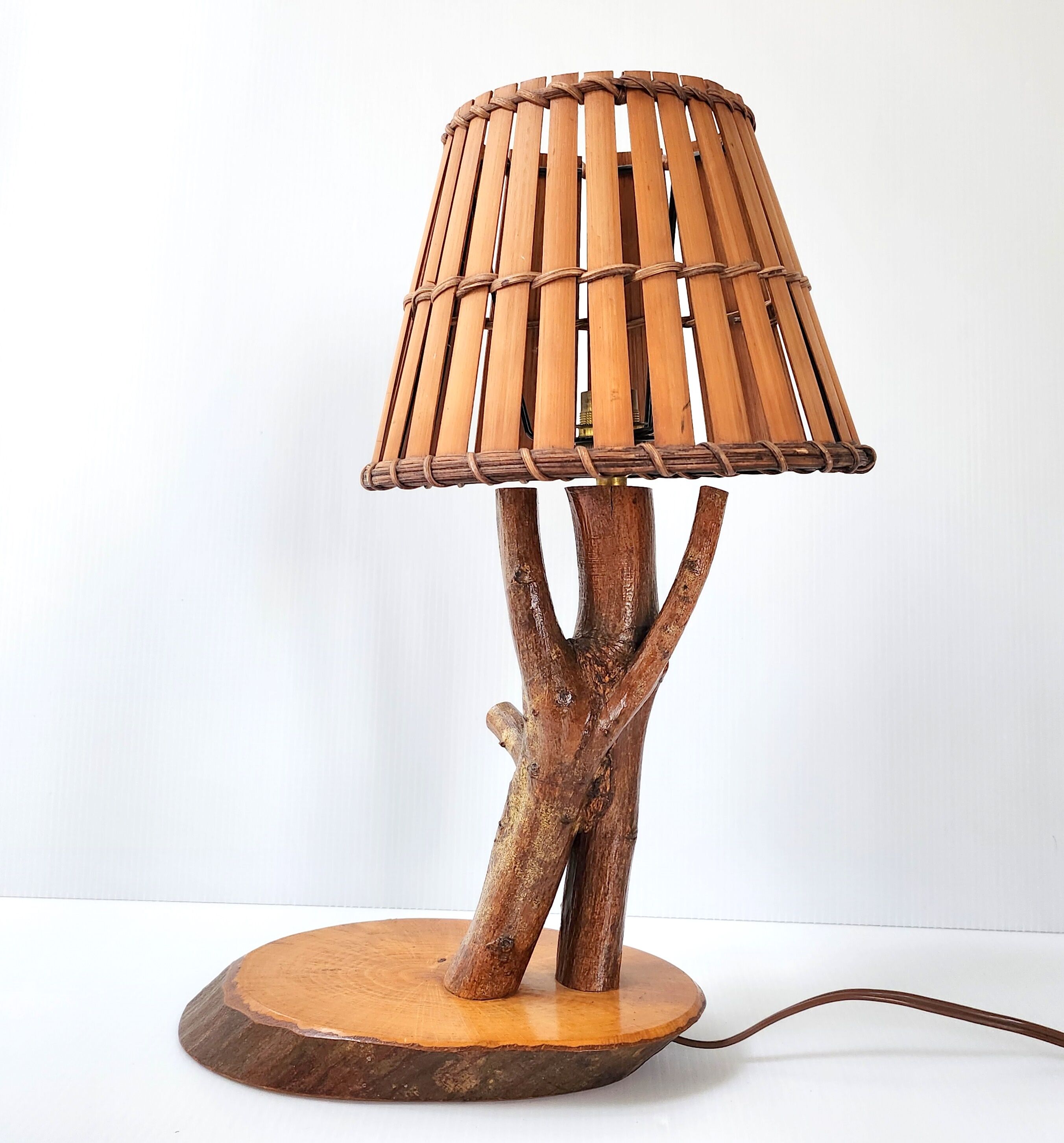 Vintage lamp wood & rattan 1950