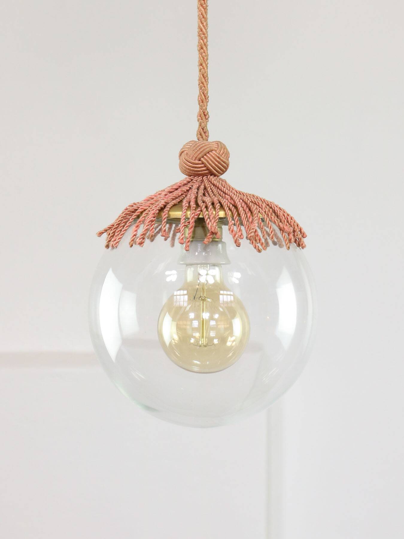 Art Deco Italian Pink Fabric and Brass Globe Pendant Lamp