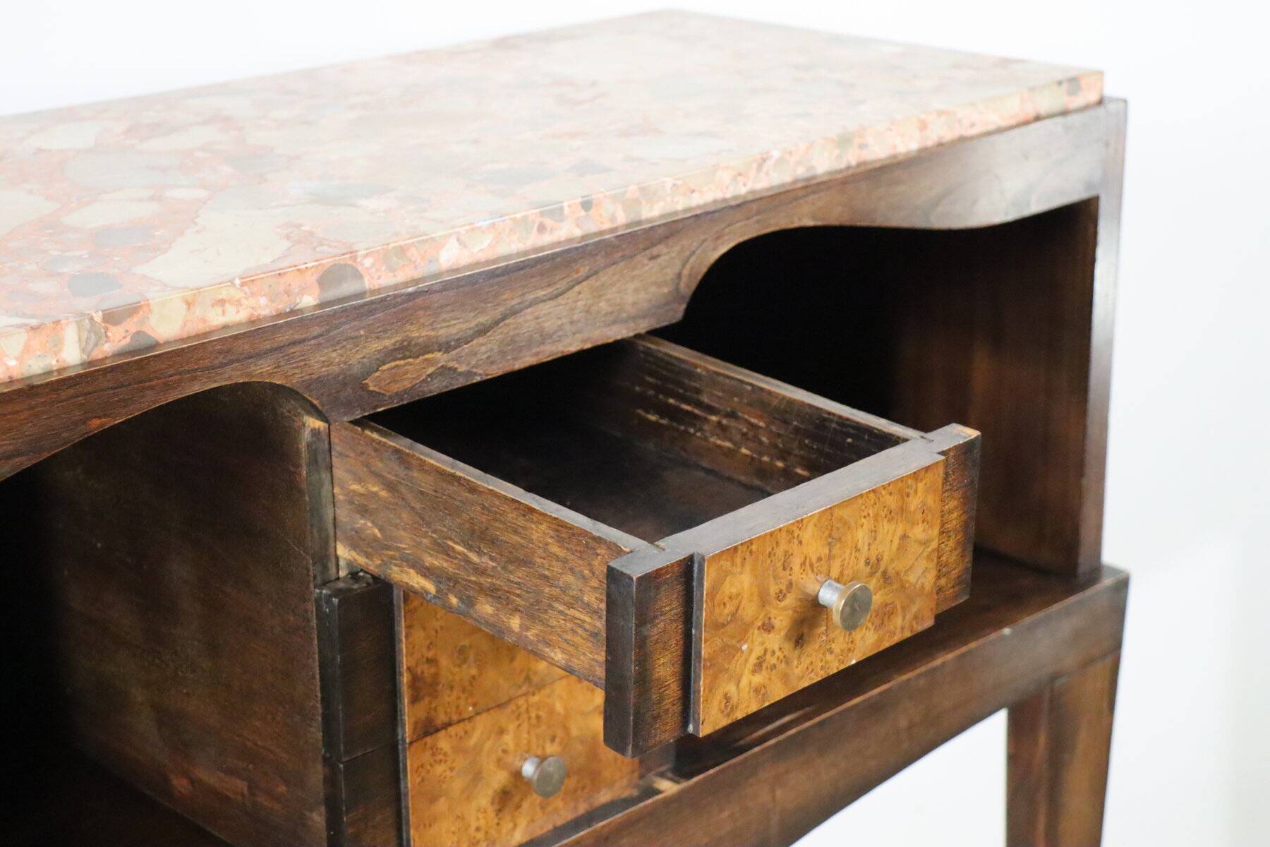 Vintage wooden and marble console table – classic style curved legs, 1950s