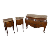 Set of Louis XV style chest of drawers and 2 bedside tables in solid cherry wood with marble tops