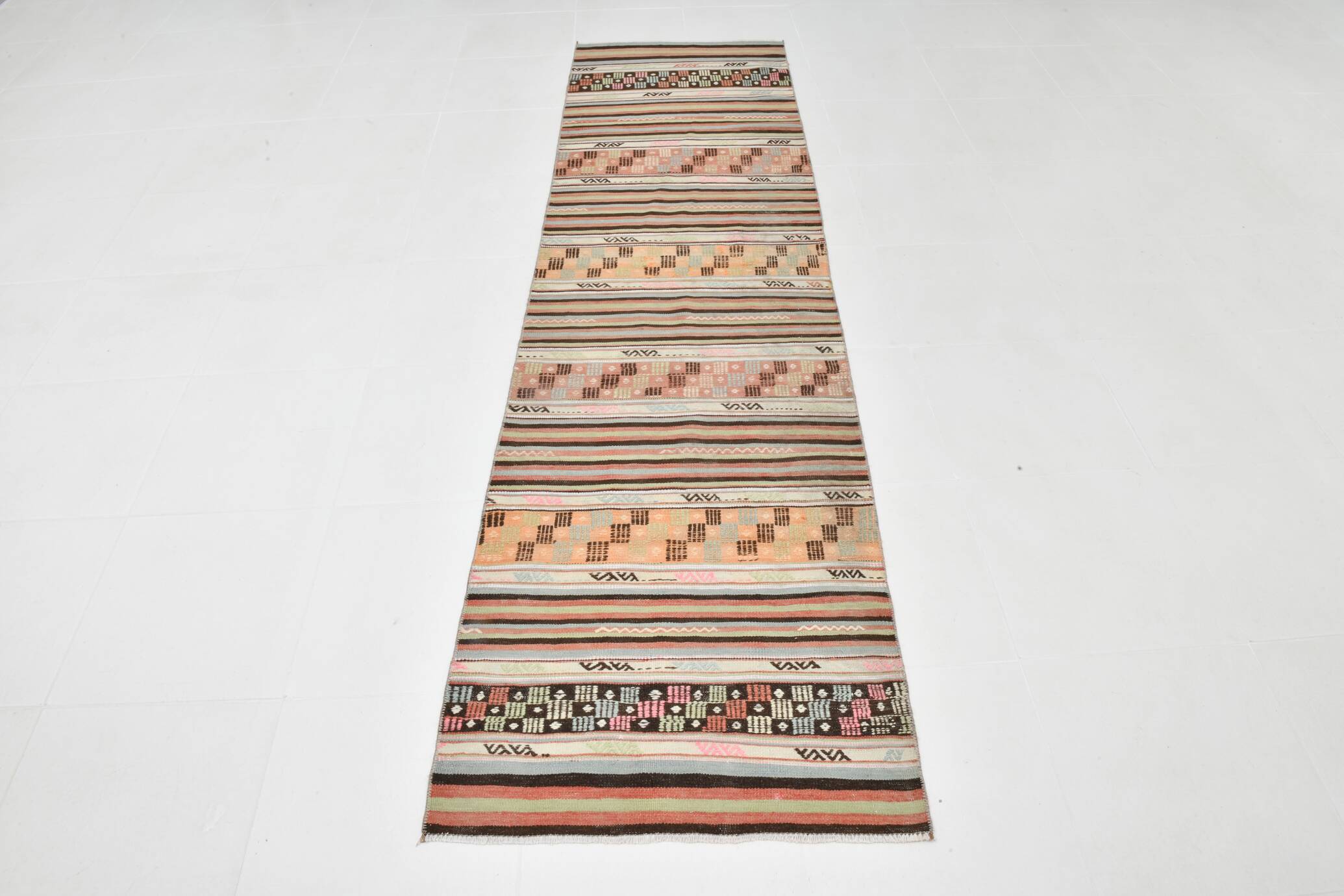 2x9 Green & Orange Striped Kilim Runner Rug, 74x276Cm