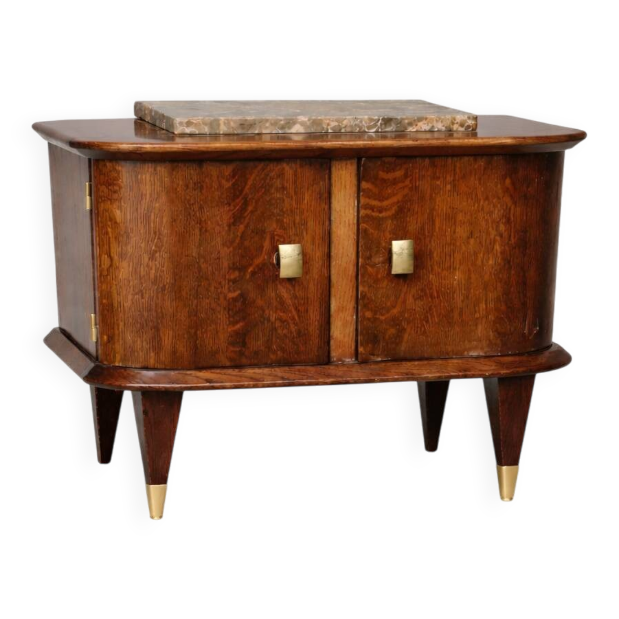 Small vintage 1950s wooden buffet with marble top and tapered legs.