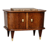 Small vintage 1950s wooden buffet with marble top and tapered legs.