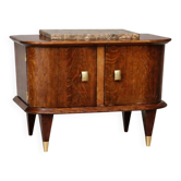 Small vintage 1950s wooden buffet with marble top and tapered legs.