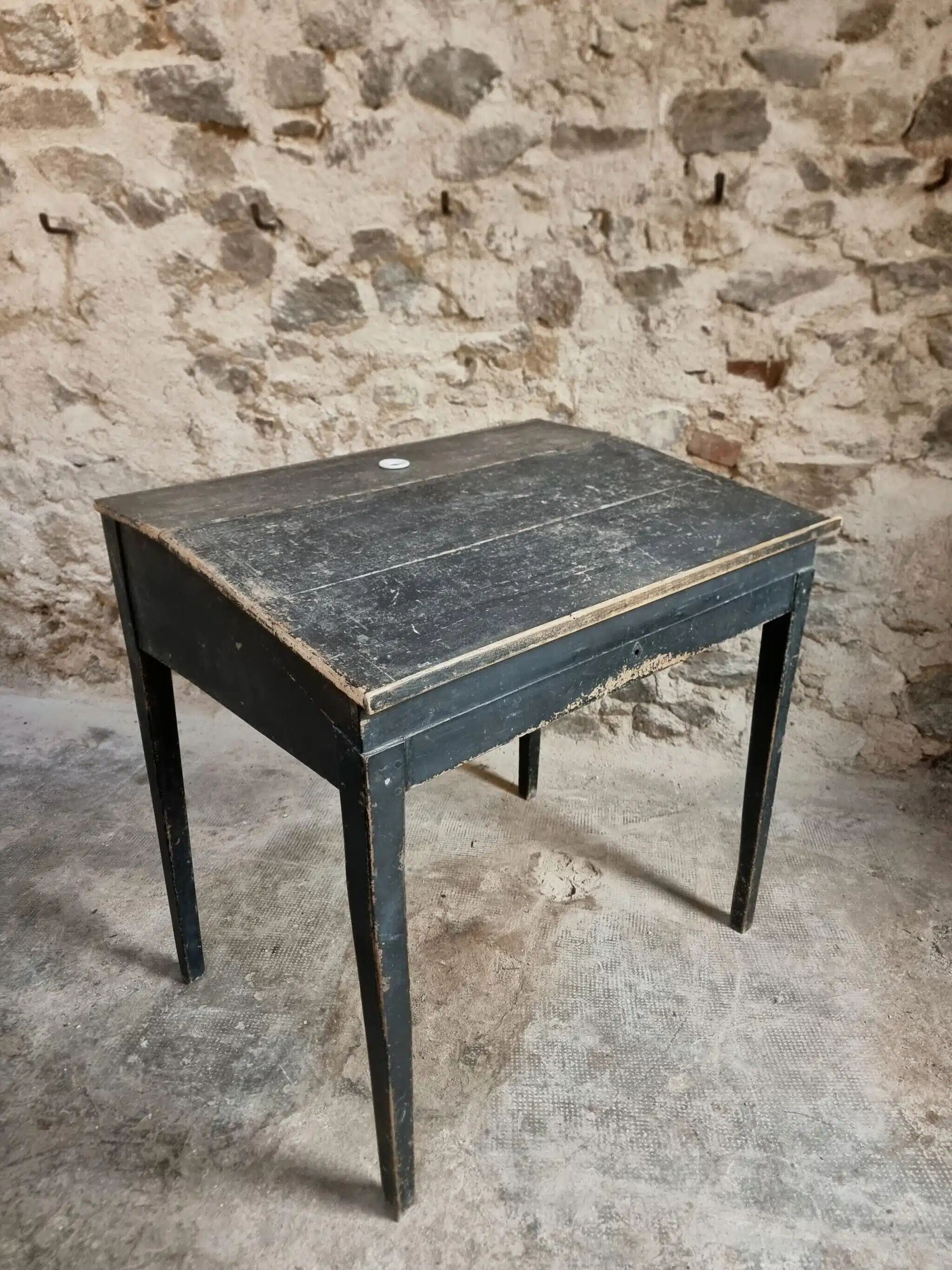 Bureau d'école français ancien, bureau d'écriture noir, bureau à abattant, vers 1900