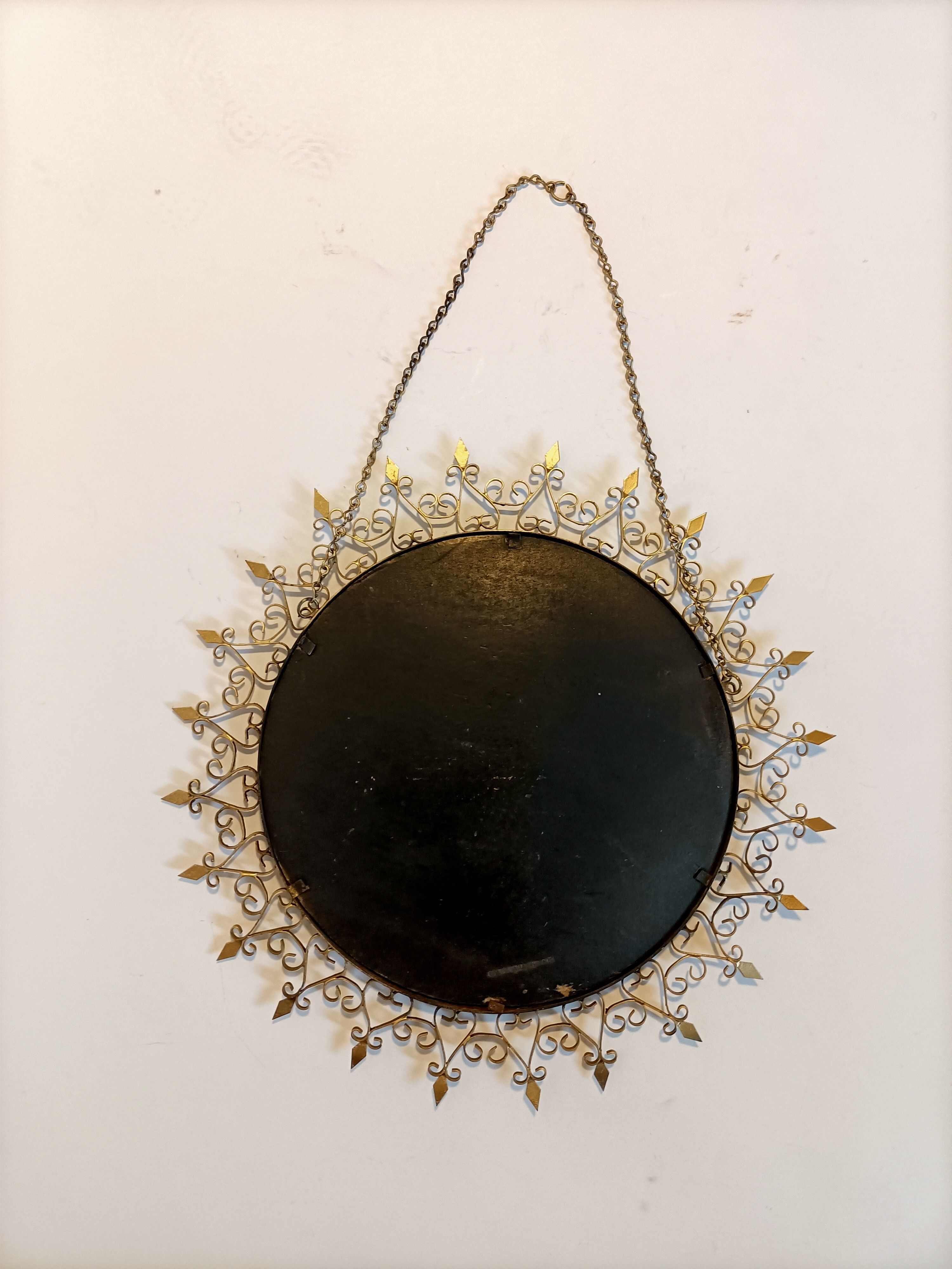 Miroir doré Chaty Vallauris signé en fer forgé Vintage, 1960.