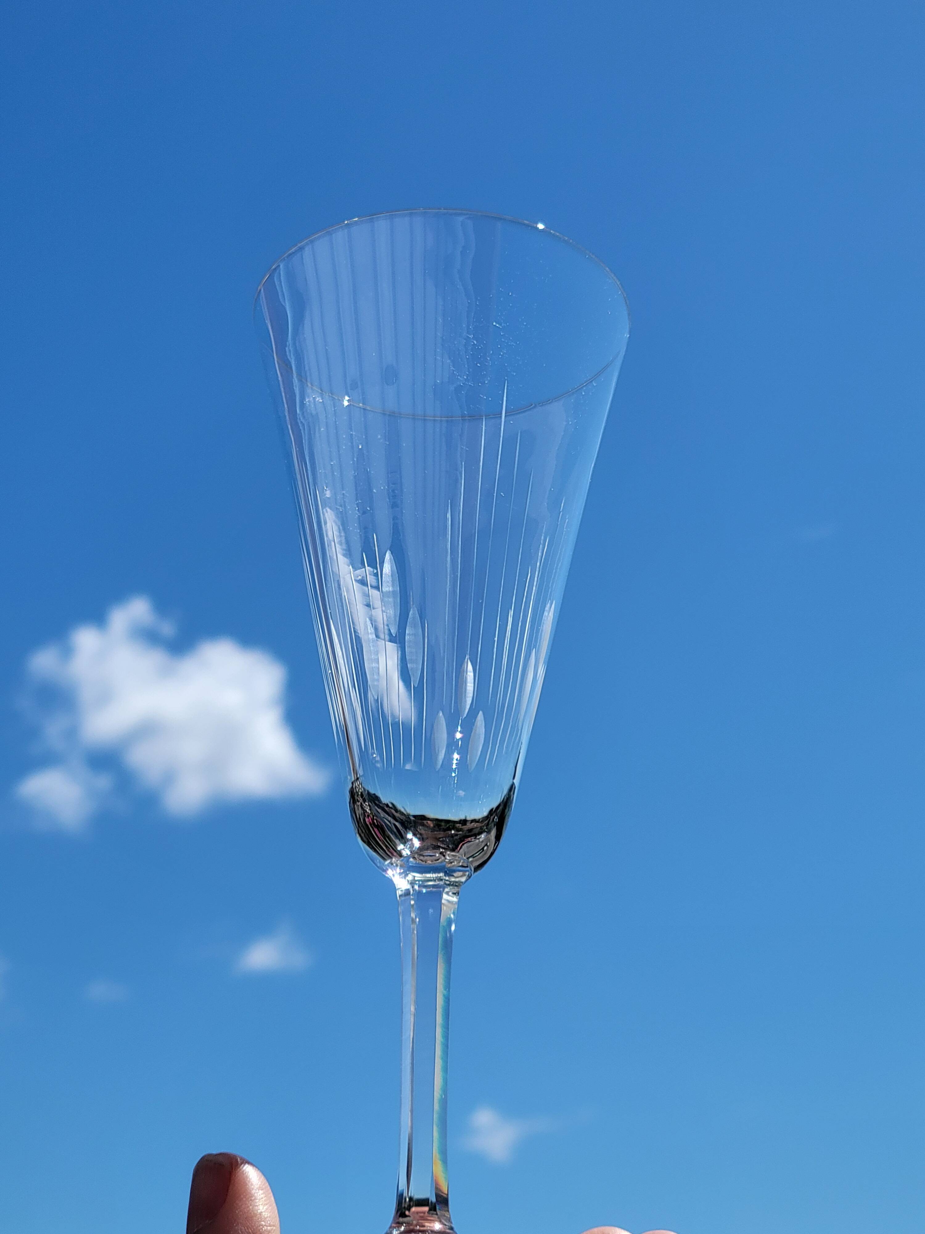 6 old cut crystal champagne flutes