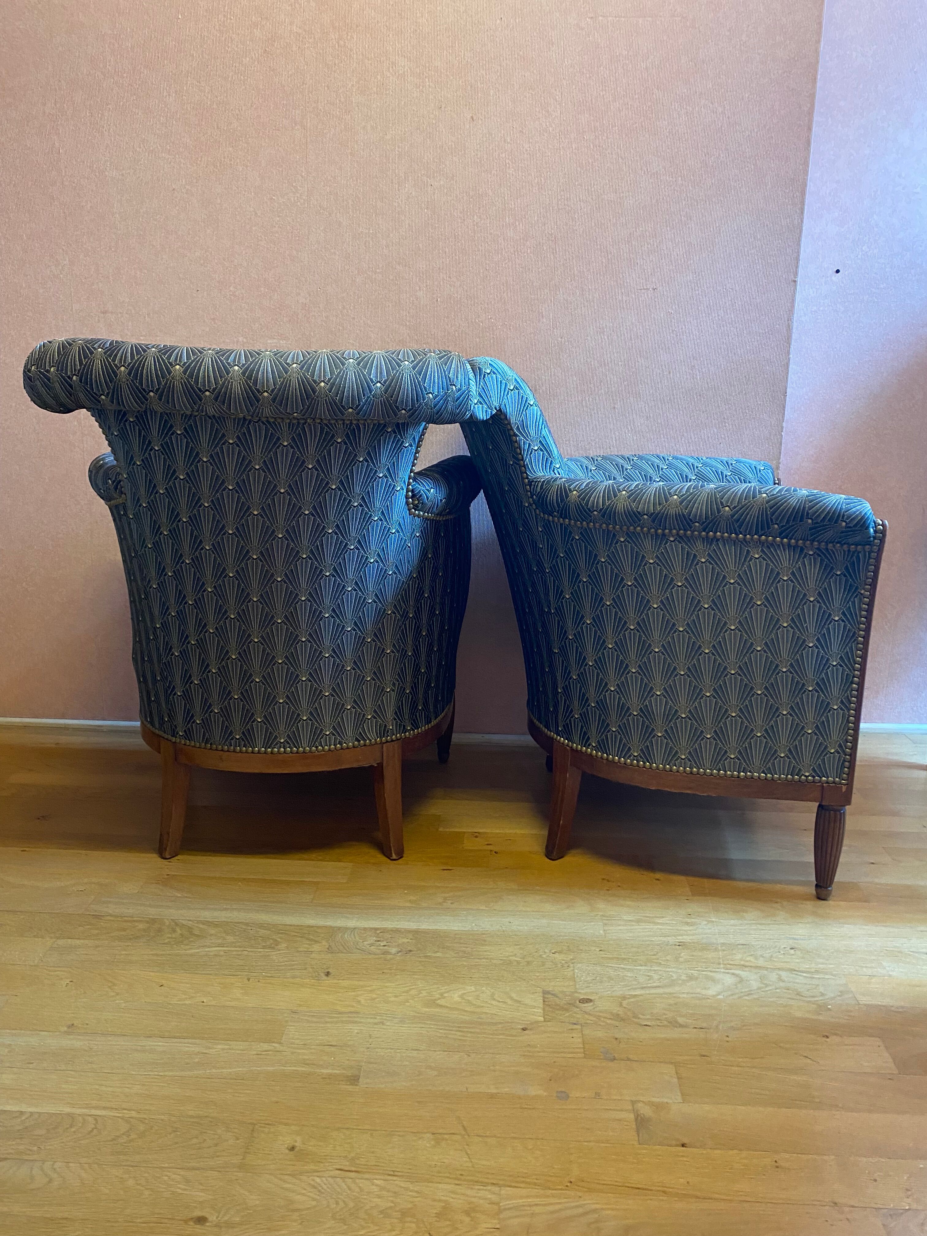 Pair of Art Deco style armchairs, refurbished. Upholstery fabric for armchairs.