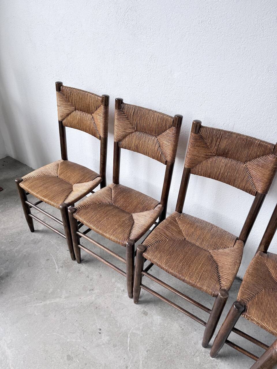 Set of 6 straw and oak Beauche chairs.
