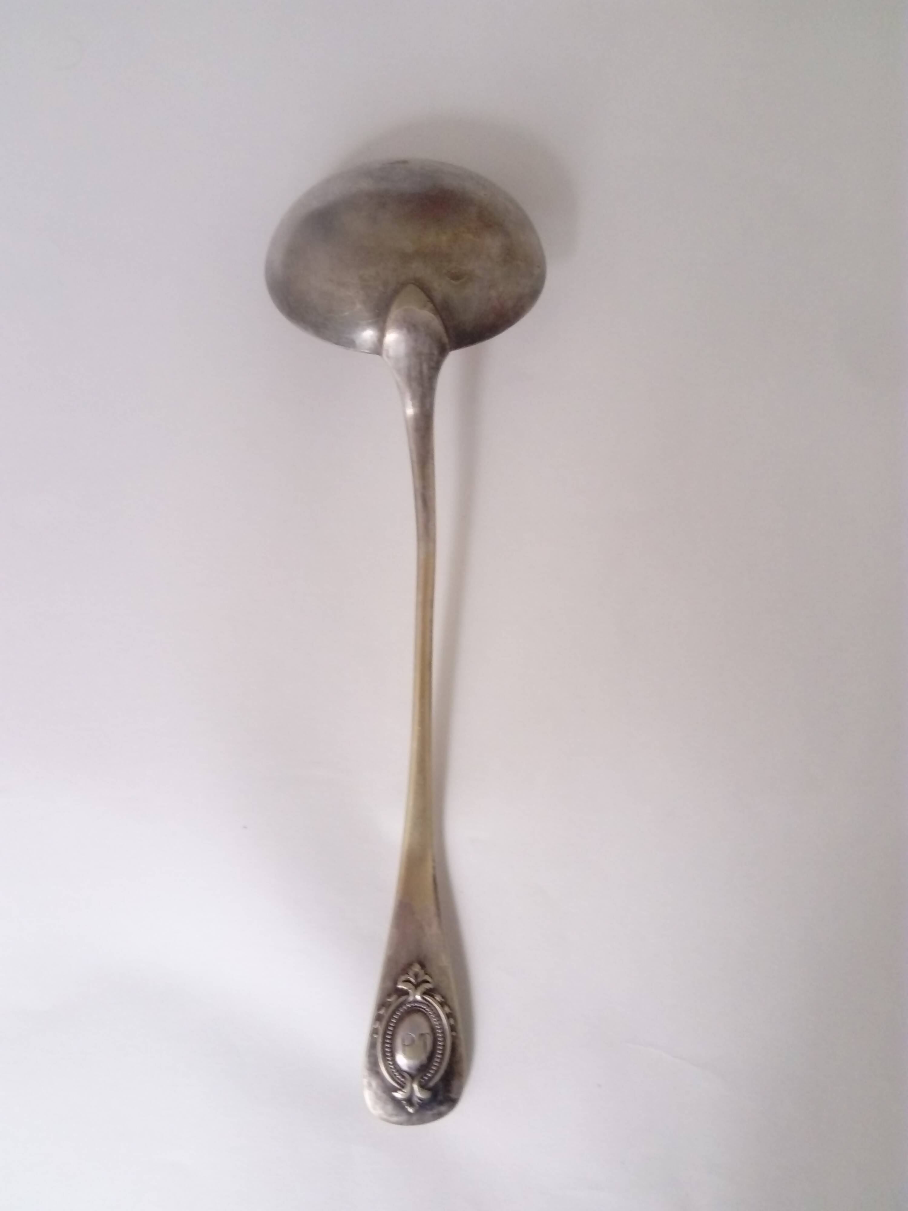 silver-plated metal ladle monogrammed PT orfevrerie L.Auzolle