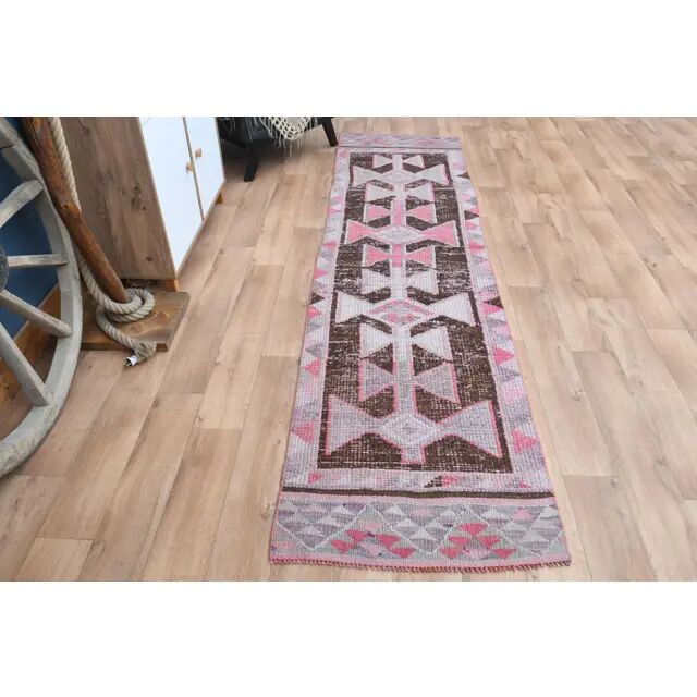 Vintage Turkish Oushak pink handmade wool runner rug 82x311