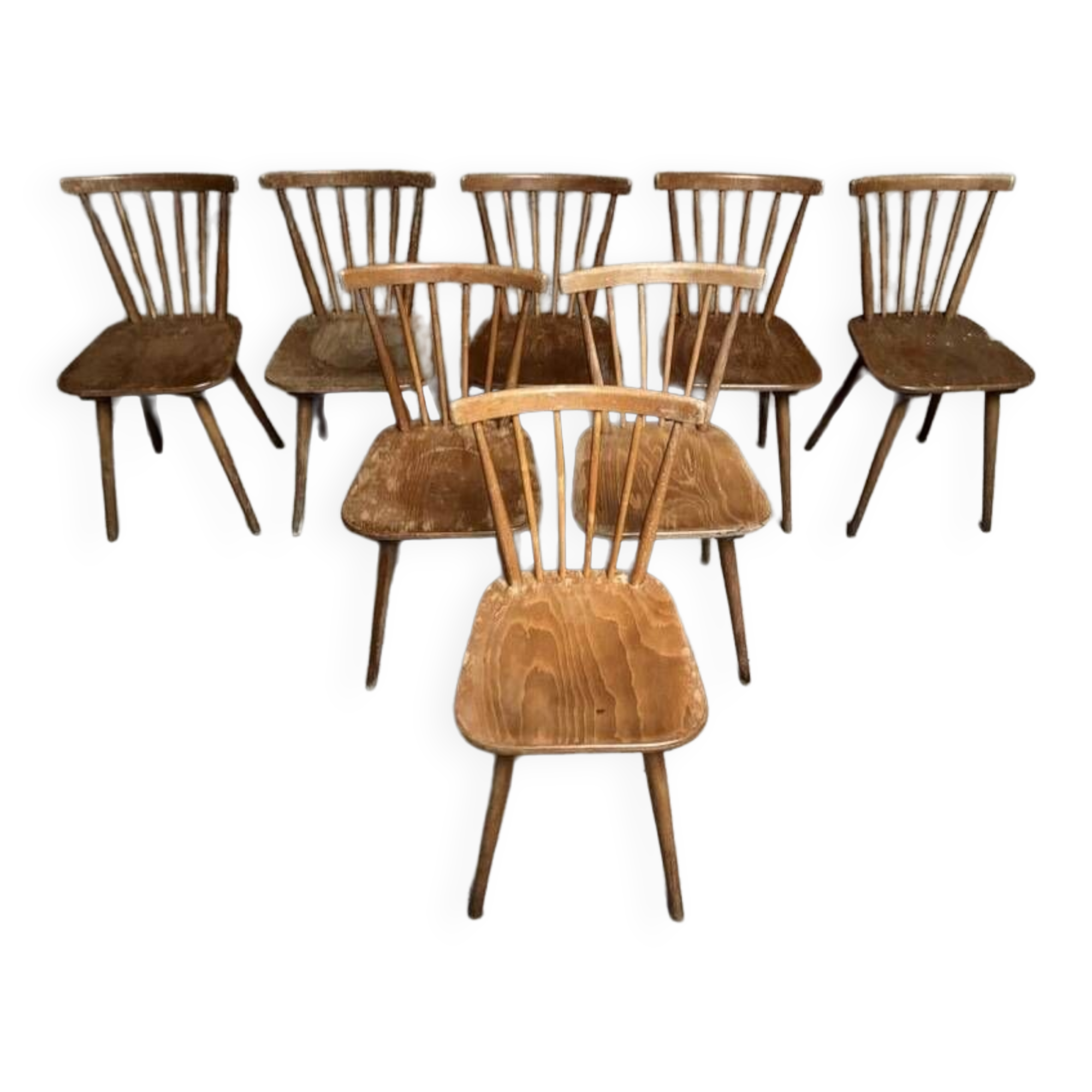 Set of 8 old Scandinavian dlg bistro chairs in wood with curved back and bars